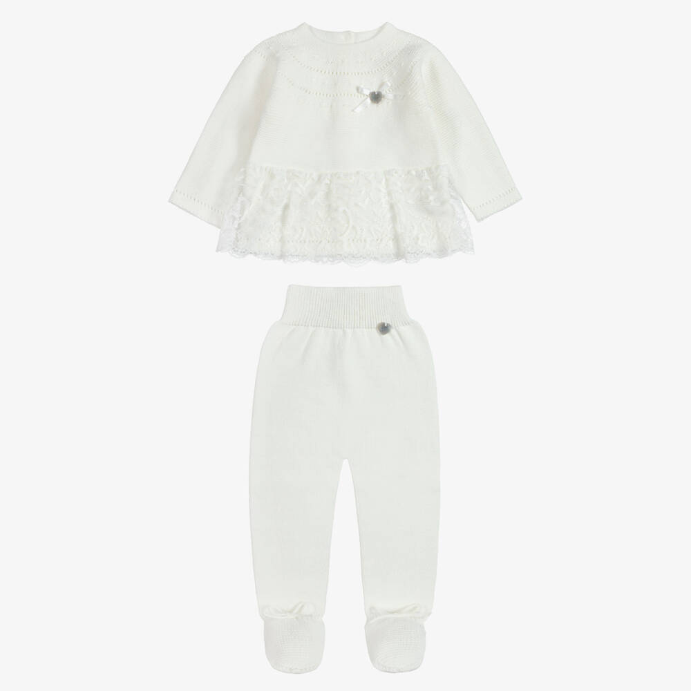 Artesanía Granlei-Girls Ivory Knitted Babysuit Set with Lace Trim | Childrensalon