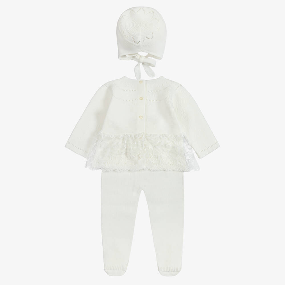 Artesanía Granlei-Girls Ivory Knitted Babysuit Set with Lace Trim | Childrensalon