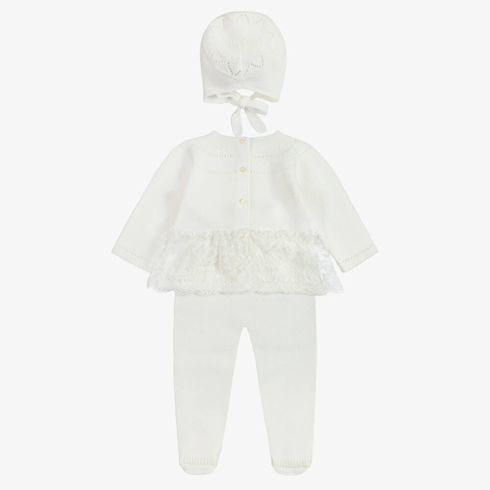 Artesanía Granlei-Girls Ivory Knitted Babysuit Set with Lace Trim | Childrensalon