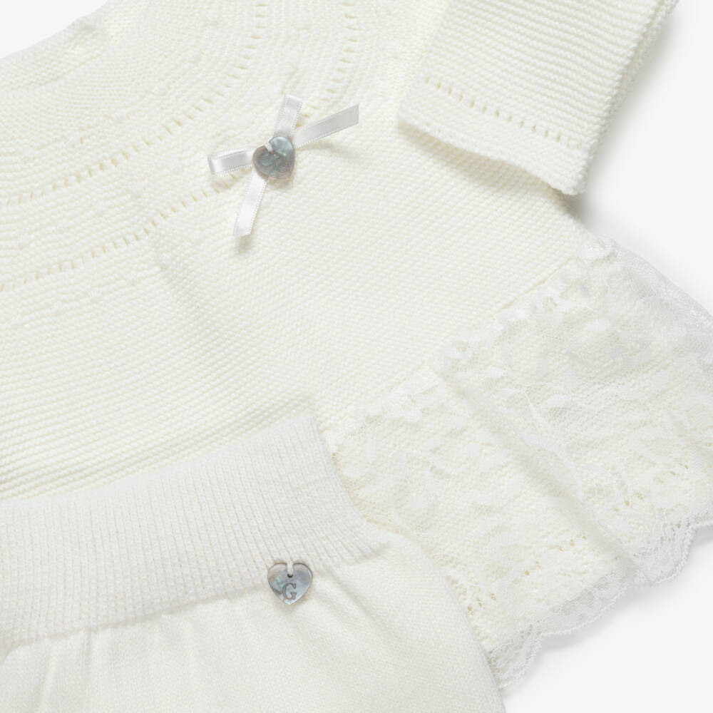 Artesanía Granlei-Girls Ivory Knitted Babysuit Set with Lace Trim | Childrensalon