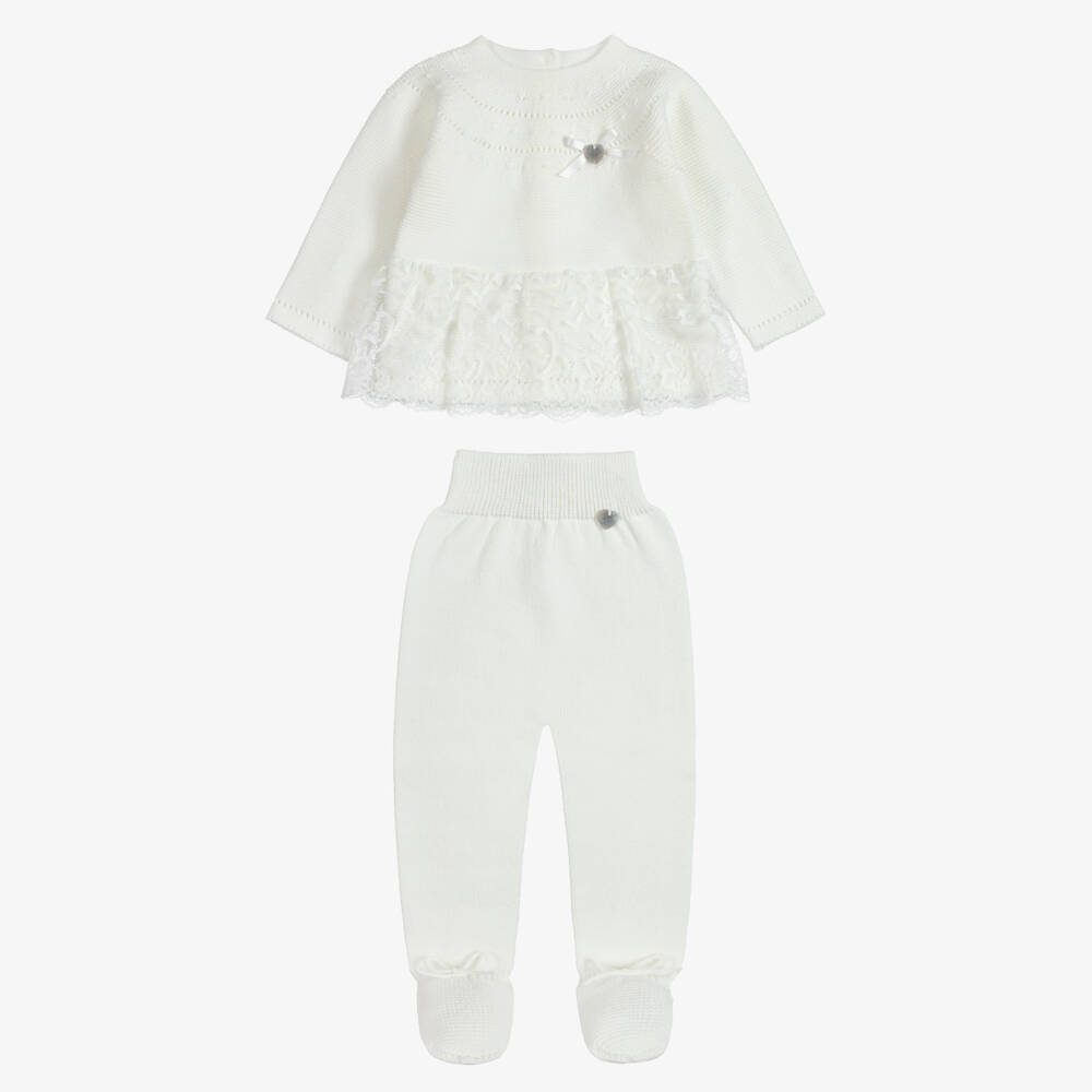 Artesanía Granlei-Girls Ivory Knitted Babysuit Set with Lace Trim | Childrensalon