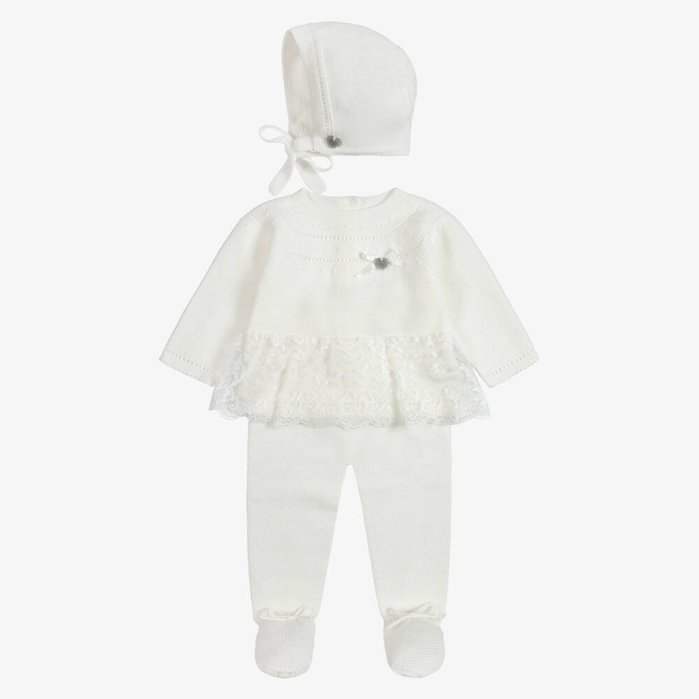 Artesanía Granlei-Girls Ivory Knitted Babysuit Set with Lace Trim | Childrensalon