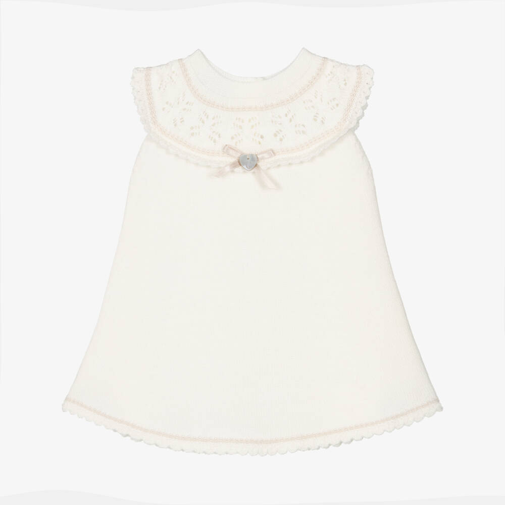 Artesanía Granlei-Girls Ivory Knitted Dress with Lacy Collar | Childrensalon