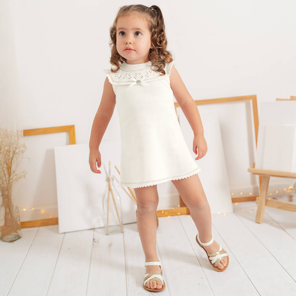Artesanía Granlei-Платье кремовое трикотажное с кружевным воротником для девочек | Childrensalon
