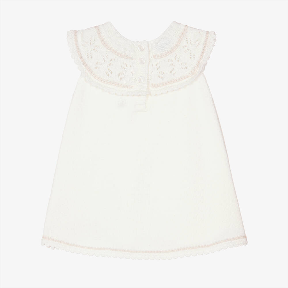 Artesanía Granlei-Girls Ivory Knitted Dress with Lacy Collar | Childrensalon
