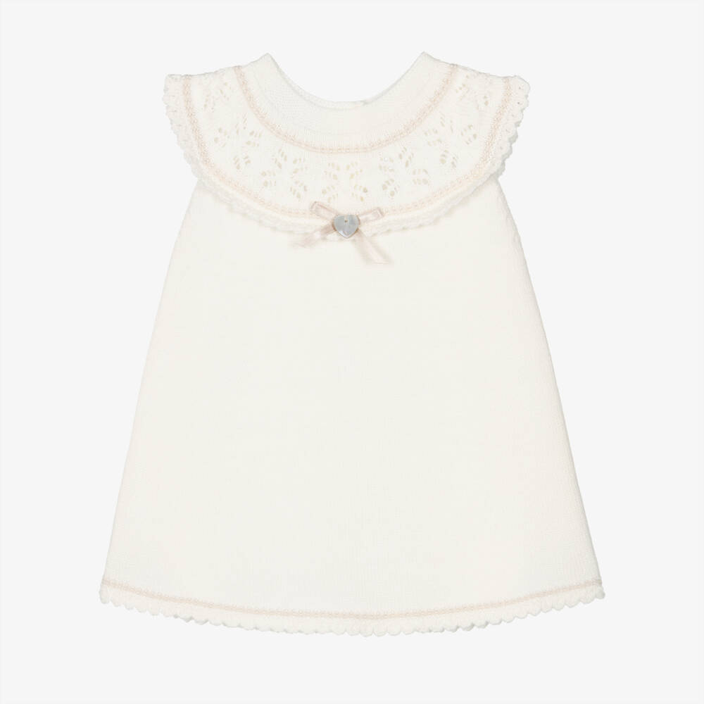 Artesanía Granlei-Girls Ivory Knitted Dress with Lacy Collar | Childrensalon