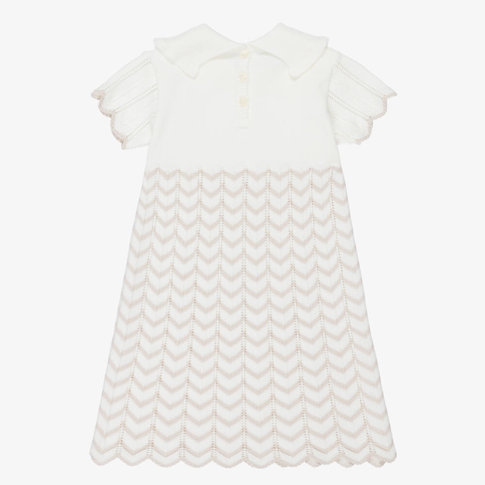 Artesanía Granlei-Girls Ivory Knitted Dress with Zigzag Pattern | Childrensalon