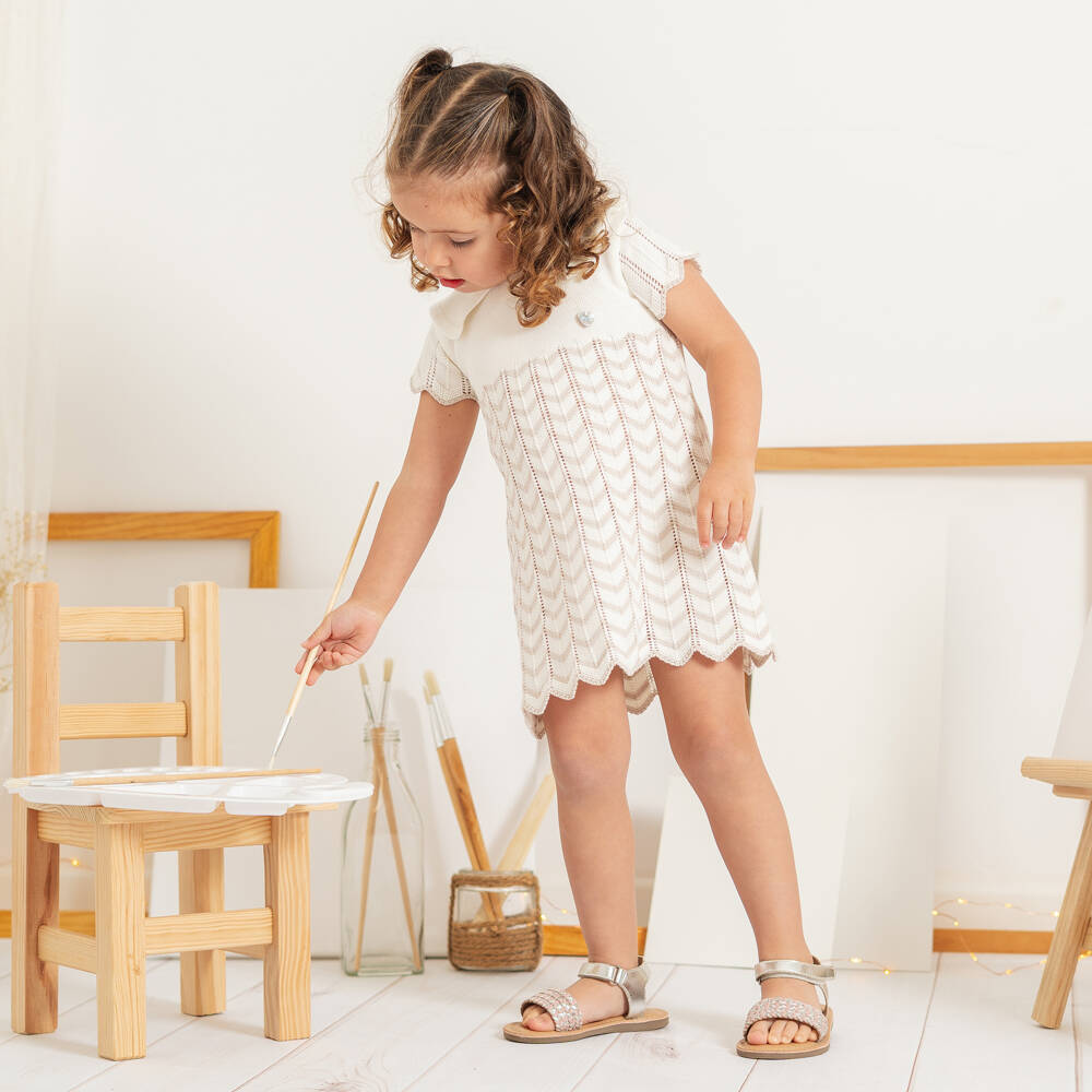 Artesanía Granlei-Girls Ivory Knitted Dress with Zigzag Pattern | Childrensalon
