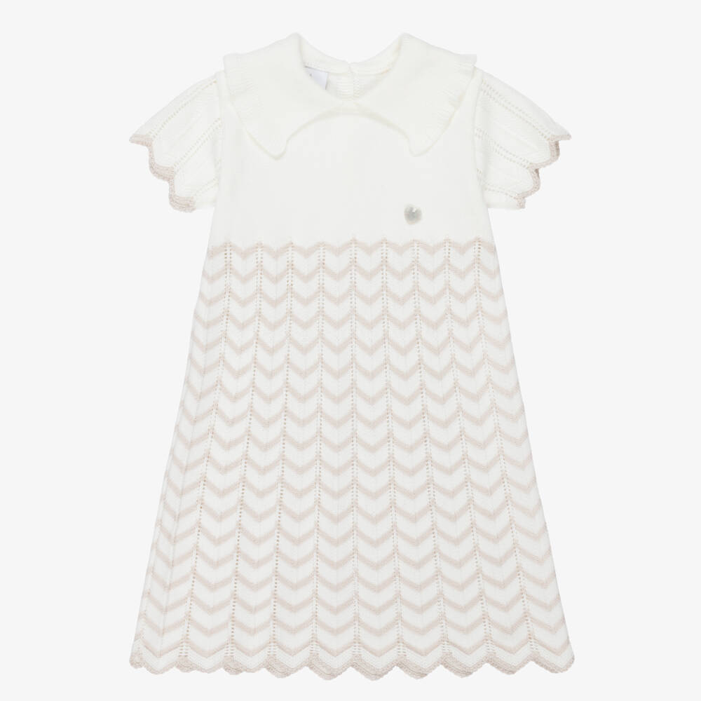 Artesanía Granlei-Girls Ivory Knitted Dress with Zigzag Pattern | Childrensalon