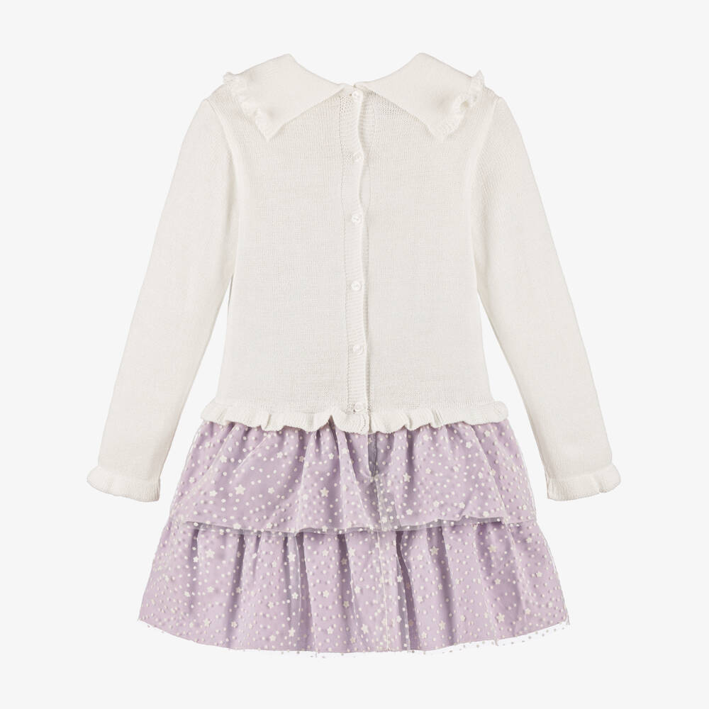 Artesanía Granlei-Girls Ivory & Lilac Cotton Dress with Starry Tulle Overlay | Childrensalon