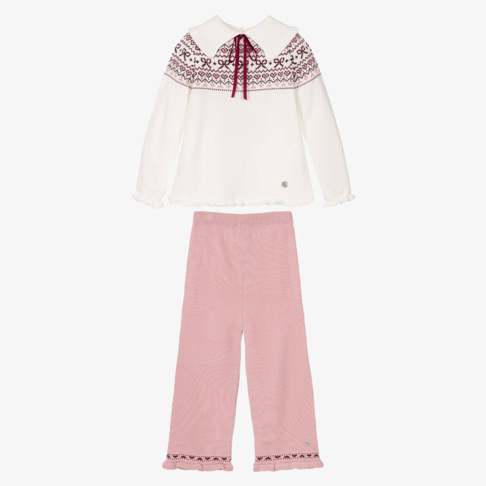 Artesanía Granlei-Girls Ivory & Pink Fair Isle Knit Trousers Set | Childrensalon