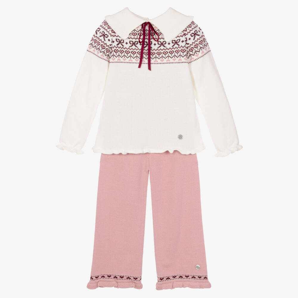 Artesanía Granlei-Girls Ivory & Pink Fair Isle Knit Trousers Set | Childrensalon