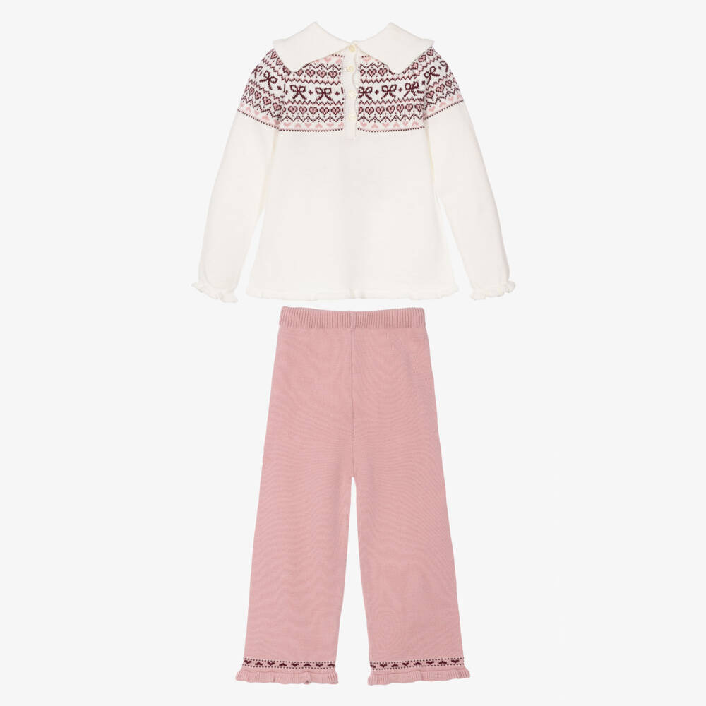 Artesanía Granlei-Girls Ivory & Pink Fair Isle Knit Trousers Set | Childrensalon