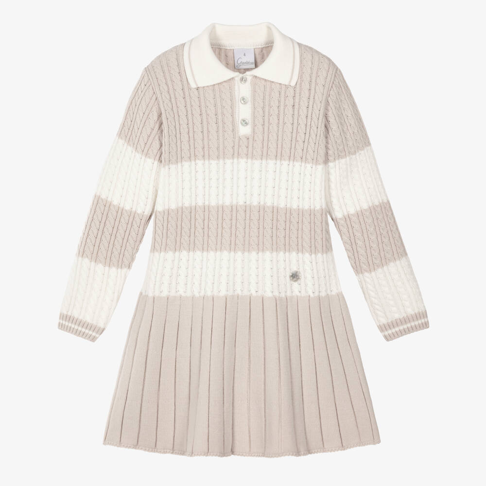 Artesanía Granlei-Girls Ivory & Sandy Beige Cable Knit Dress with Stripes | Childrensalon
