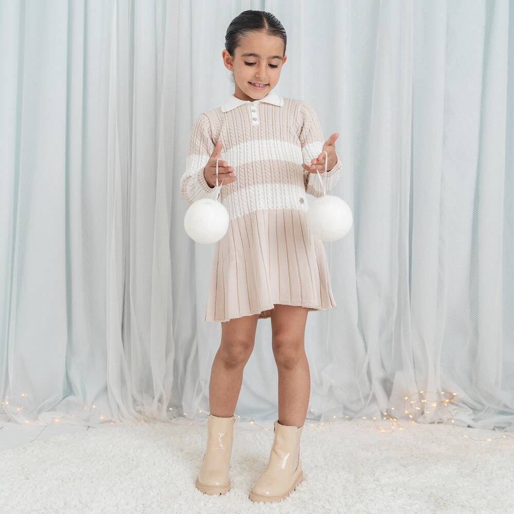 Artesanía Granlei-Girls Ivory & Sandy Beige Cable Knit Dress with Stripes | Childrensalon