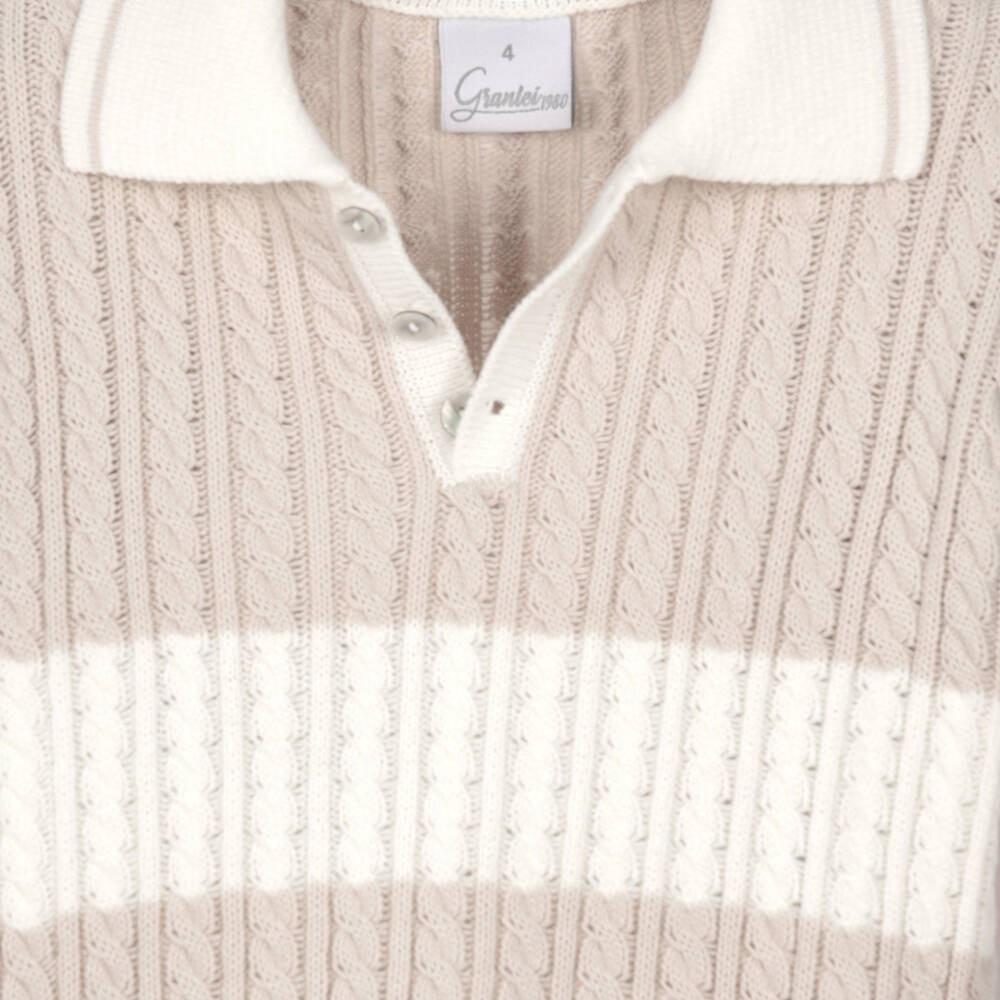 Artesanía Granlei-Girls Ivory & Sandy Beige Cable Knit Dress with Stripes | Childrensalon