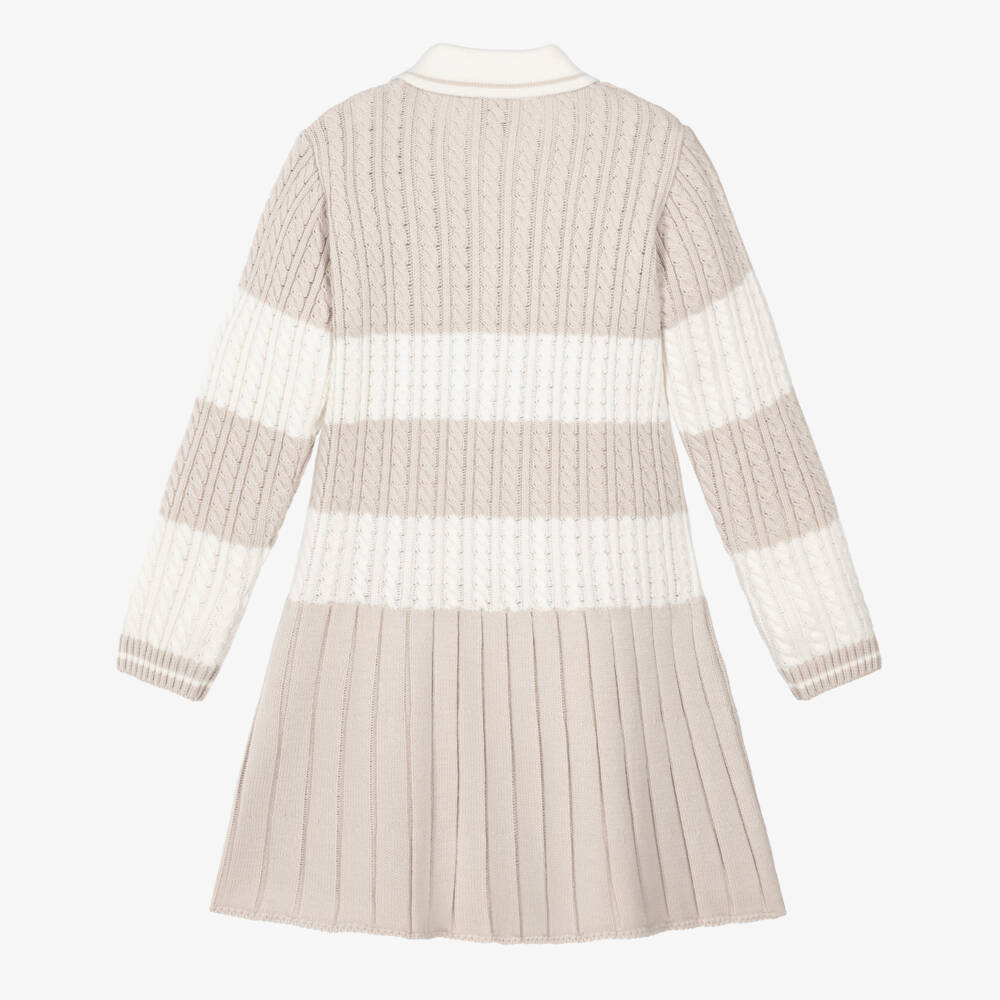 Artesanía Granlei-Girls Ivory & Sandy Beige Cable Knit Dress with Stripes | Childrensalon