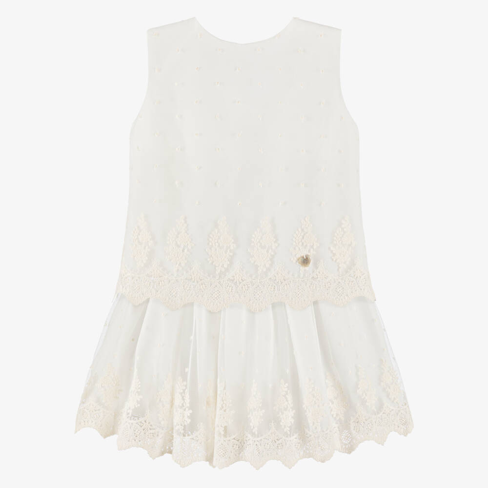 Artesanía Granlei-Girls Ivory Tulle Lace Skirt Set with Bow | Childrensalon