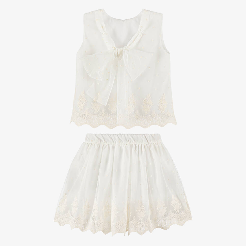 Artesanía Granlei-Girls Ivory Tulle Lace Skirt Set with Bow | Childrensalon