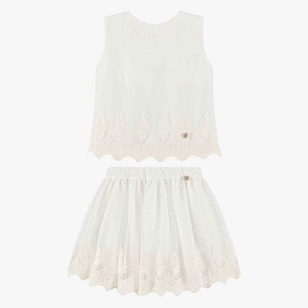 Artesanía Granlei-Girls Ivory Tulle Lace Skirt Set with Bow | Childrensalon