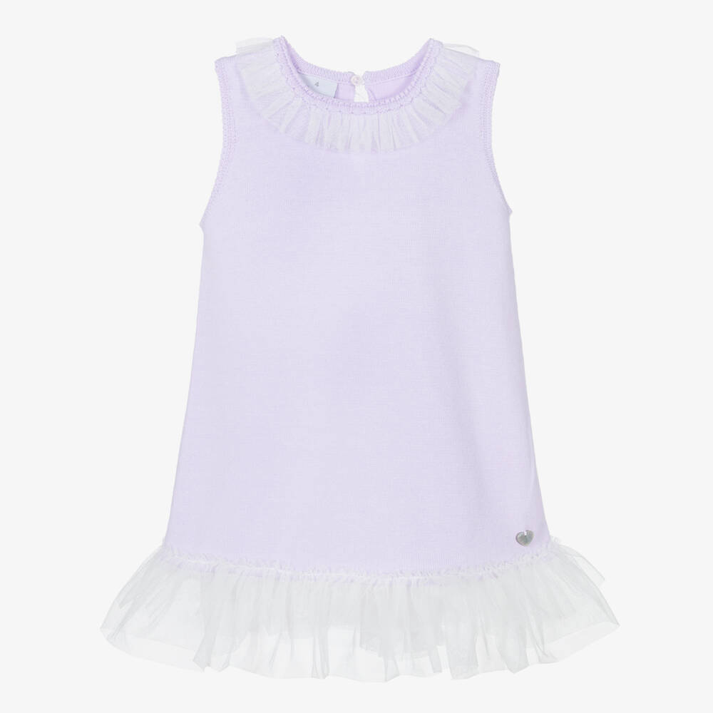 Artesanía Granlei-Girls Lilac Knit Dress with Tulle Trims | Childrensalon
