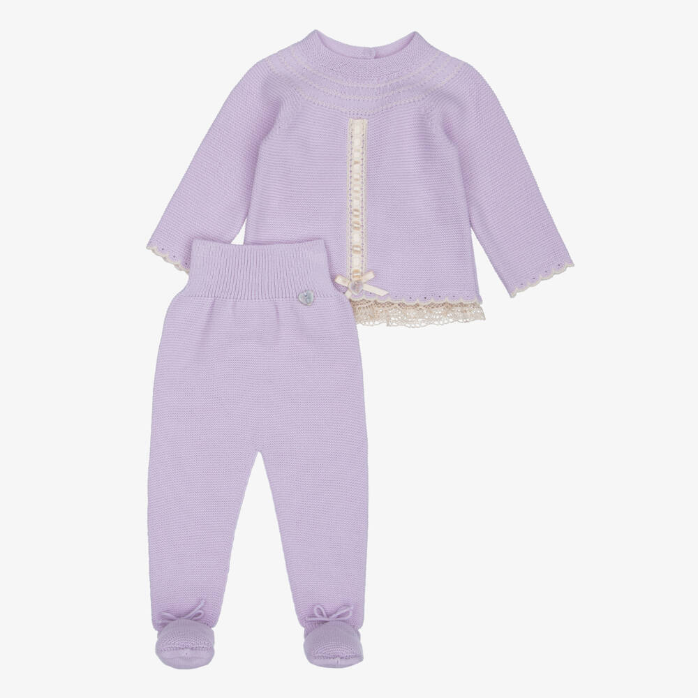 Artesanía Granlei-Girls Lilac Knitted 2 Piece Babygrow with Lace Trim | Childrensalon