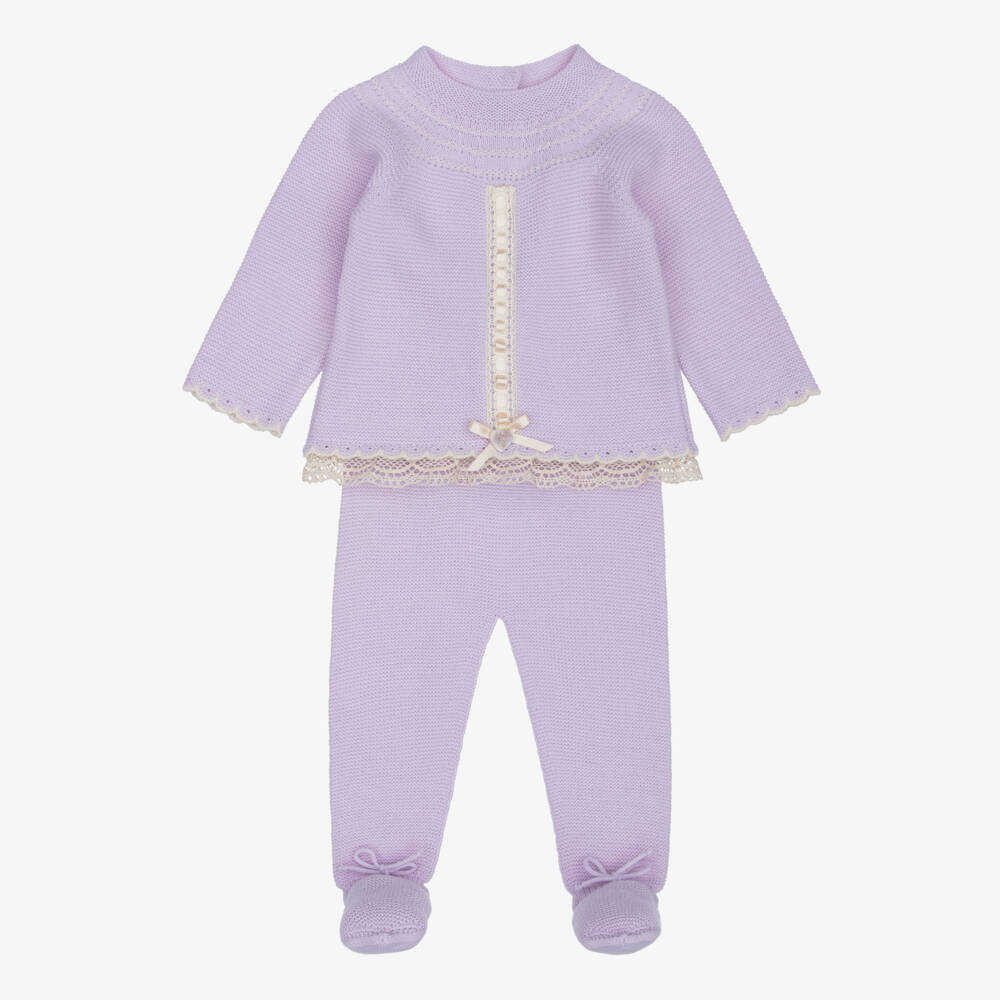 Artesanía Granlei-Girls Lilac Knitted 2 Piece Babygrow with Lace Trim | Childrensalon