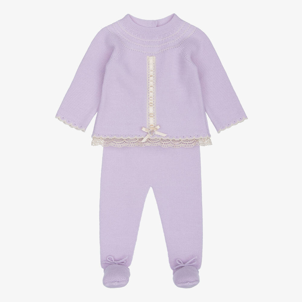 Artesanía Granlei-Girls Lilac Knitted 2 Piece Babygrow with Lace Trim | Childrensalon