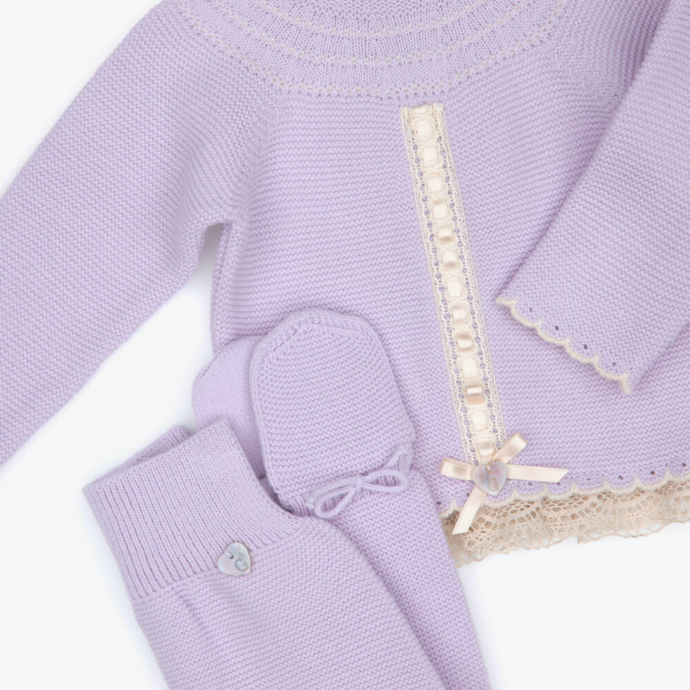 Artesanía Granlei-Girls Lilac Knitted 2 Piece Babygrow with Lace Trim | Childrensalon