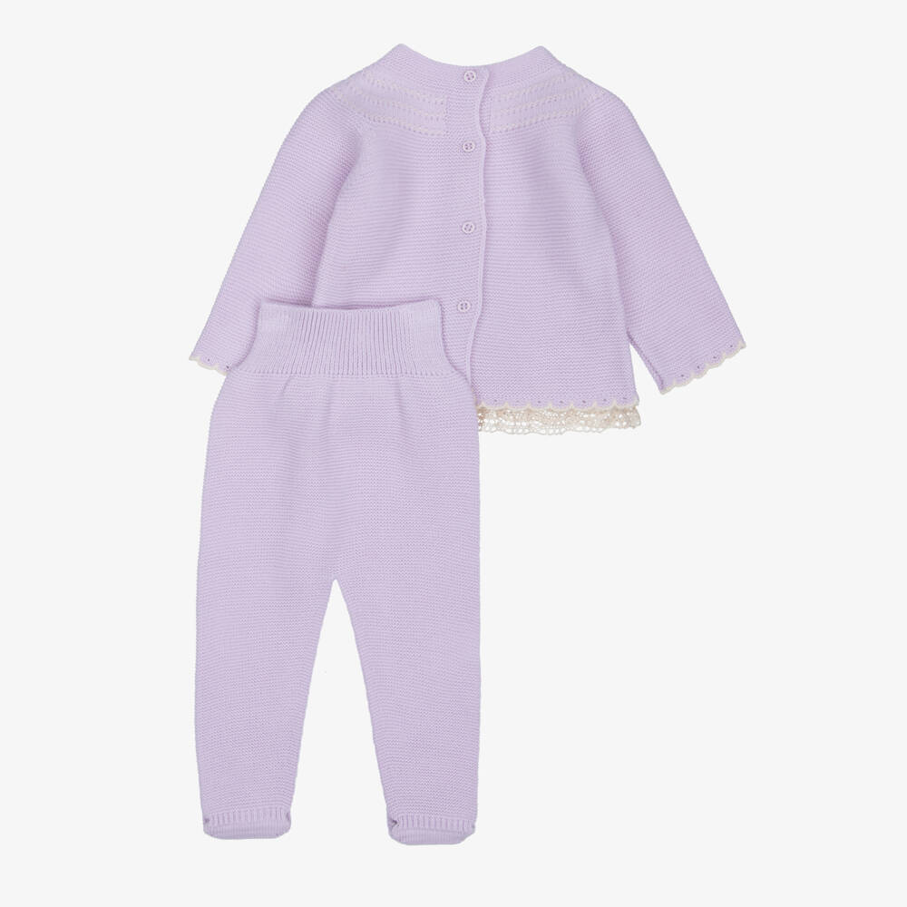 Artesanía Granlei-Girls Lilac Knitted 2 Piece Babygrow with Lace Trim | Childrensalon