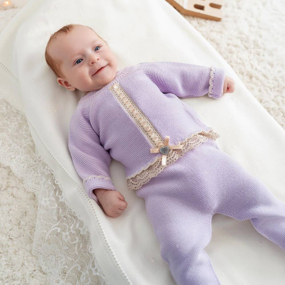 Artesanía Granlei-Girls Lilac Knitted 2 Piece Babygrow with Lace Trim | Childrensalon
