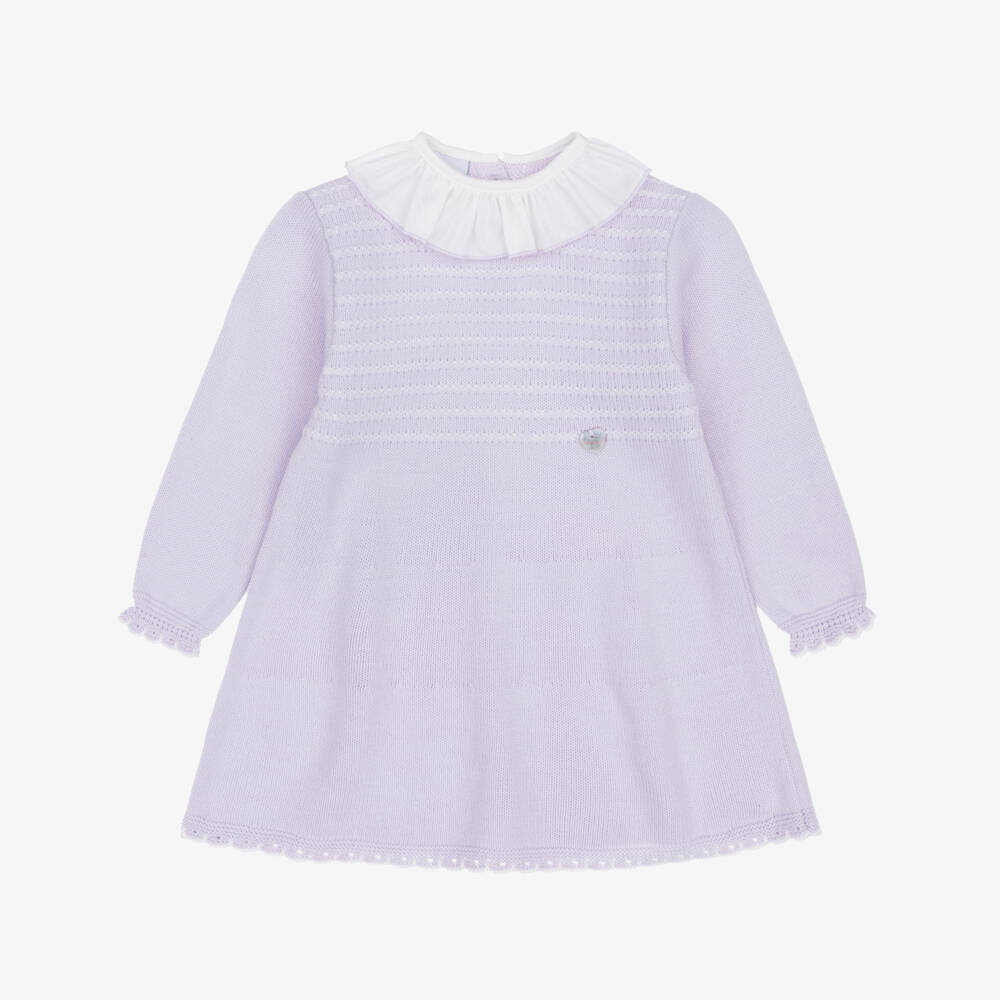 Artesanía Granlei-Girls Lilac Knitted Dress with Ruffle Collar | Childrensalon