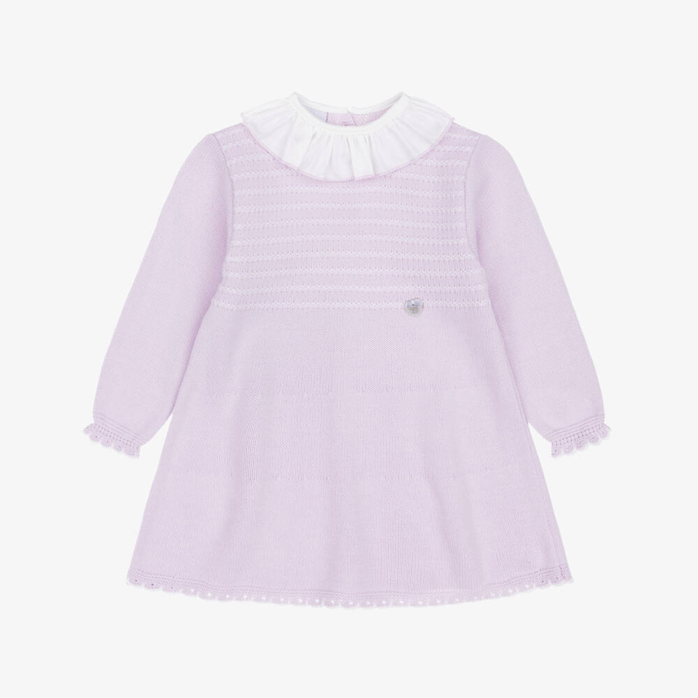 Artesanía Granlei-Girls Lilac Knitted Dress with Ruffle Collar | Childrensalon