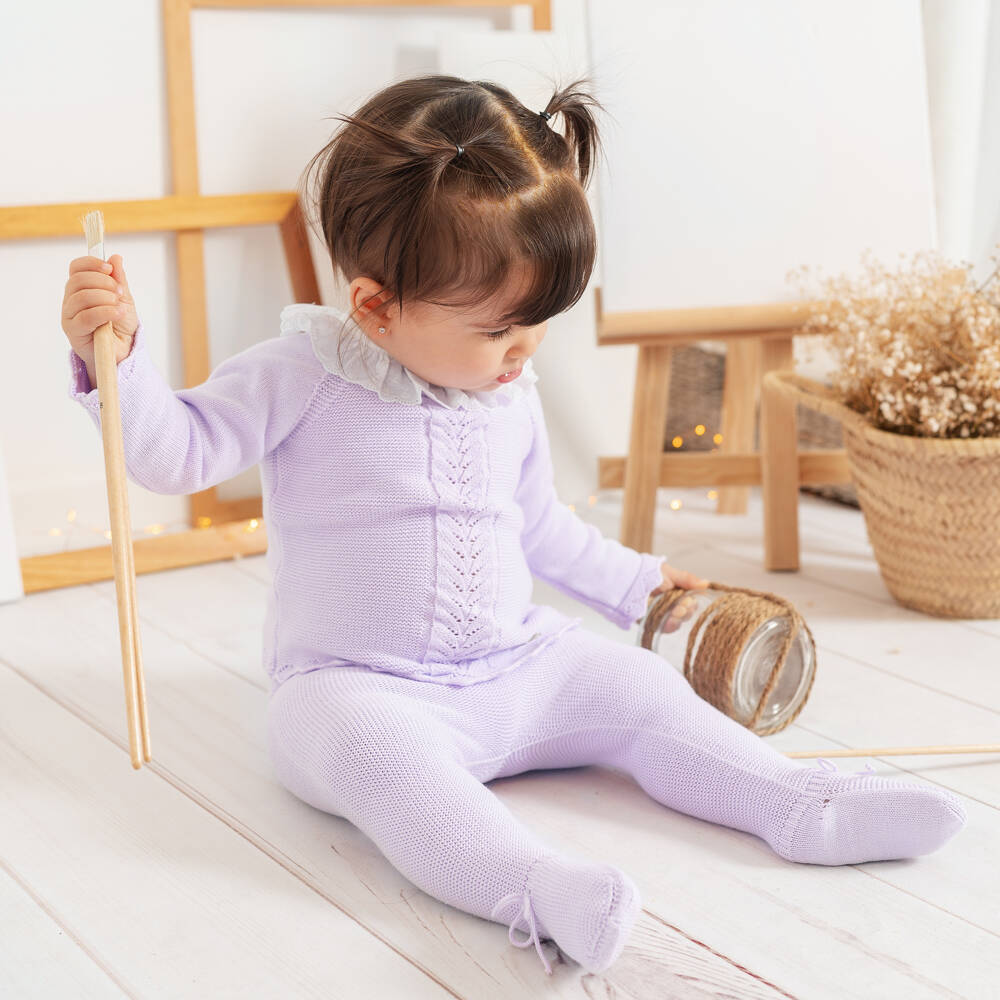 Artesanía Granlei-Girls Lilac Purple Knitted 2 Piece Babygrow | Childrensalon