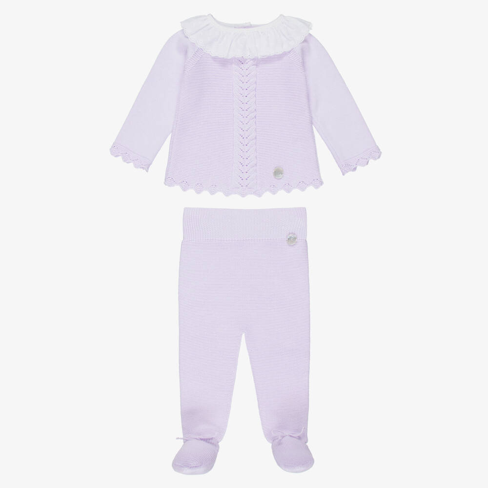 Artesanía Granlei-Girls Lilac Purple Knitted 2 Piece Babygrow  | Childrensalon