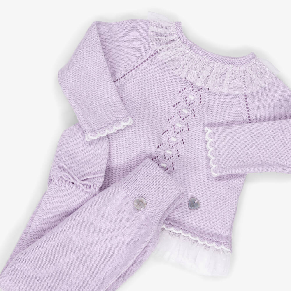 Artesanía Granlei-Girls Lilac Purple Knitted 2 Piece Babygrow with Ruffles | Childrensalon