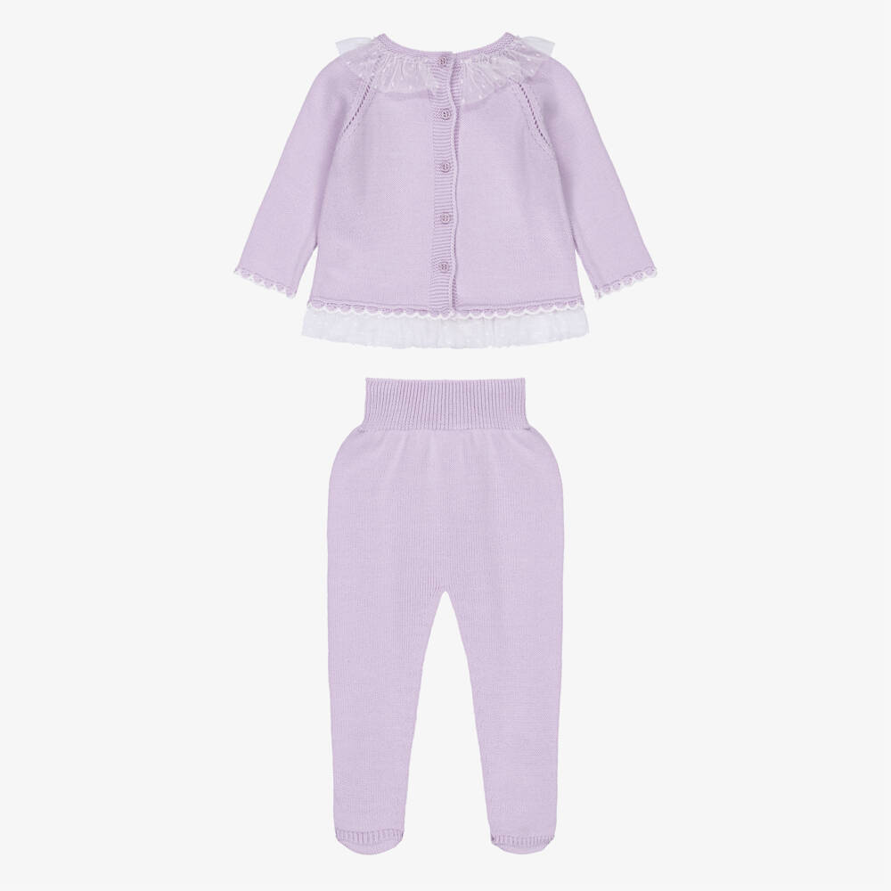 Artesanía Granlei-Girls Lilac Purple Knitted 2 Piece Babygrow with Ruffles | Childrensalon