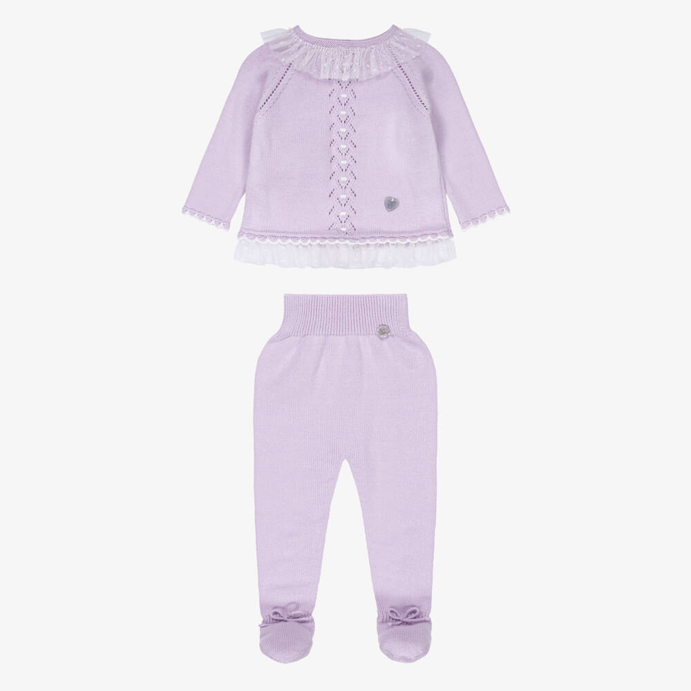 Artesanía Granlei-Girls Lilac Purple Knitted 2 Piece Babygrow with Ruffles | Childrensalon