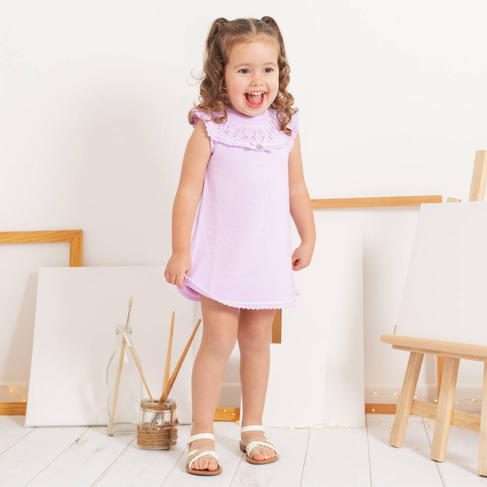 Artesanía Granlei-Girls Lilac Purple Knitted Dress with Lacy Collar | Childrensalon