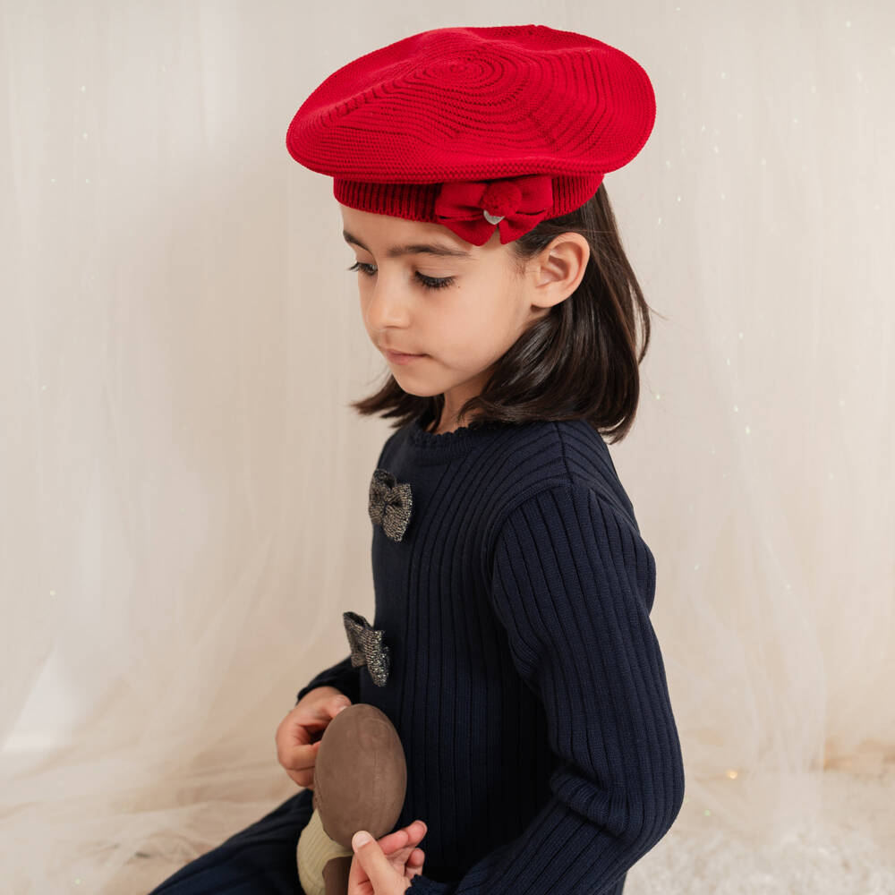 Artesanía Granlei-Girls Navy Blue Knitted Dress with Bows  | Childrensalon