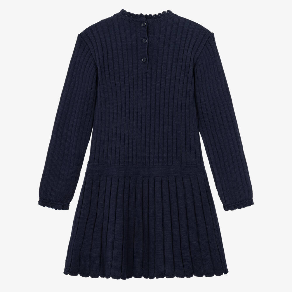 Artesanía Granlei-Girls Navy Blue Knitted Dress with Sparkly Bows | Childrensalon
