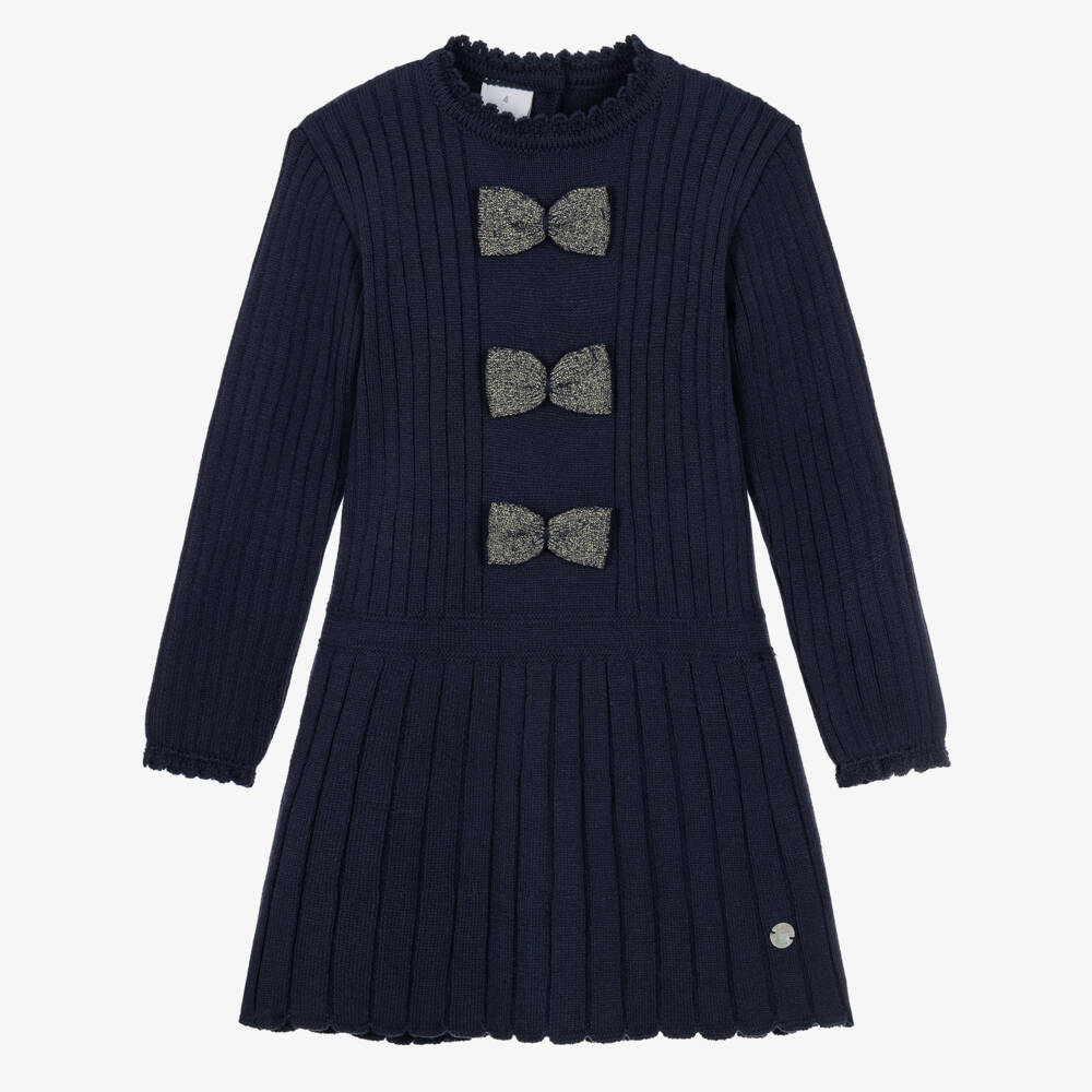 Artesanía Granlei-Girls Navy Blue Knitted Dress with Sparkly Bows | Childrensalon