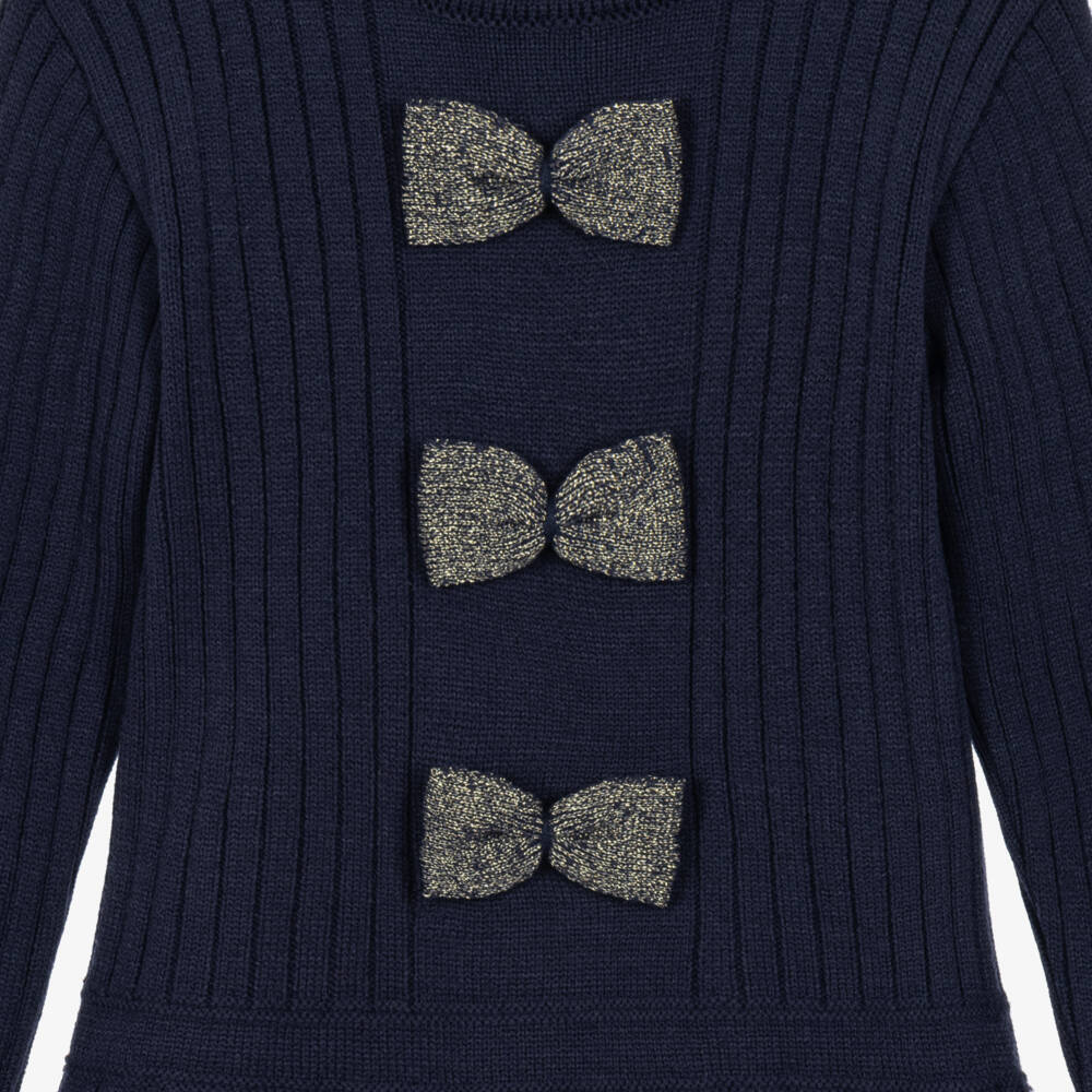 Artesanía Granlei-Girls Navy Blue Knitted Dress with Sparkly Bows | Childrensalon