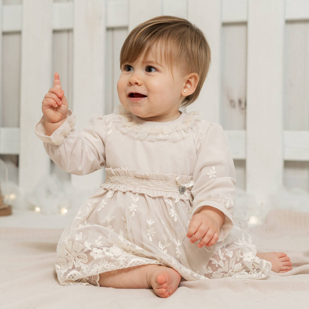 Artesanía Granlei-Girls Pale Beige Embroidered Tulle Dress | Childrensalon