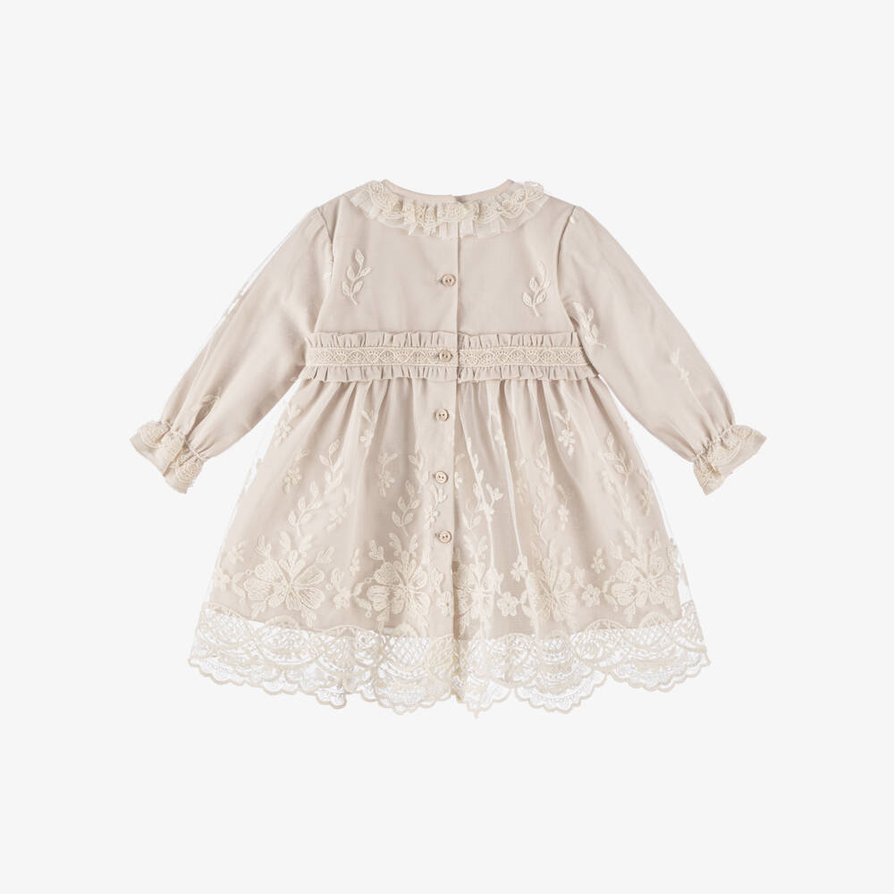 Artesanía Granlei-Girls Pale Beige Embroidered Tulle Dress | Childrensalon