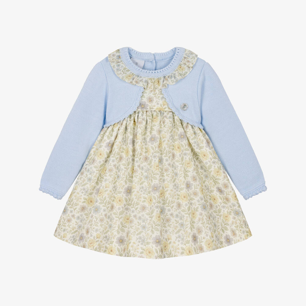Artesanía Granlei-Girls Pale Blue Knitted & Yellow Floral Dress  | Childrensalon