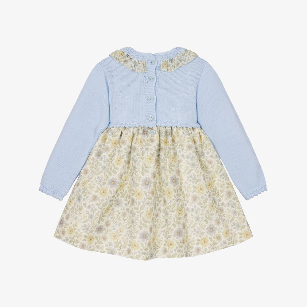 Artesanía Granlei-Girls Pale Blue Knitted & Yellow Floral Dress | Childrensalon