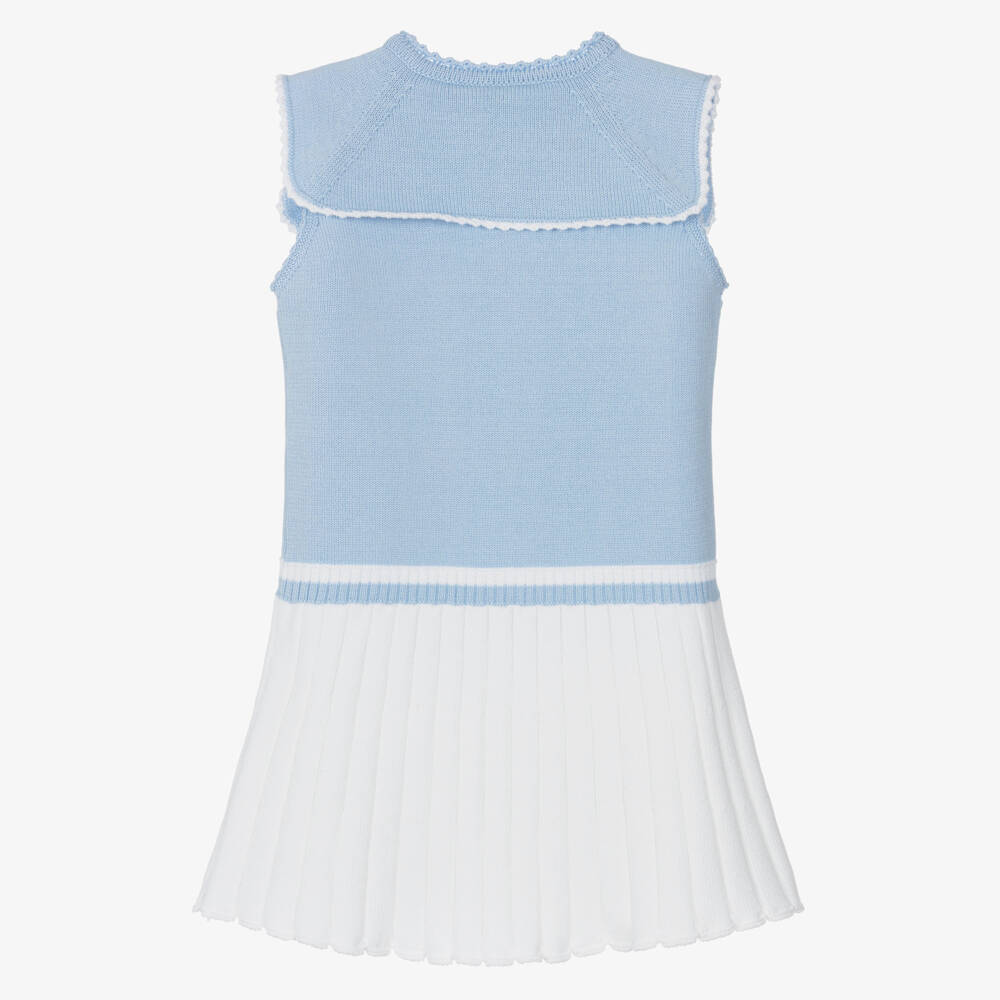 Artesanía Granlei-Girls Pale Blue & White Knit Dress with Sailor Style Collar | Childrensalon