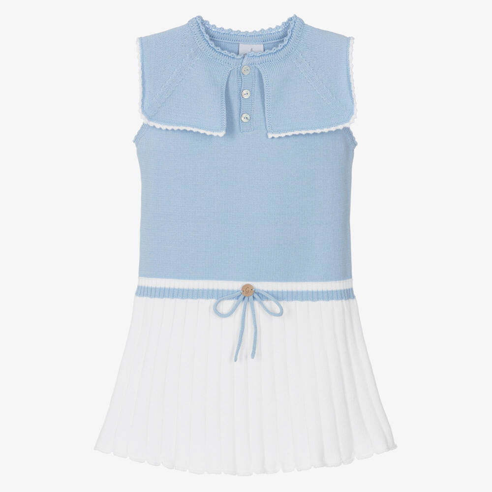 Artesanía Granlei-Girls Pale Blue & White Knit Dress with Sailor Style Collar | Childrensalon