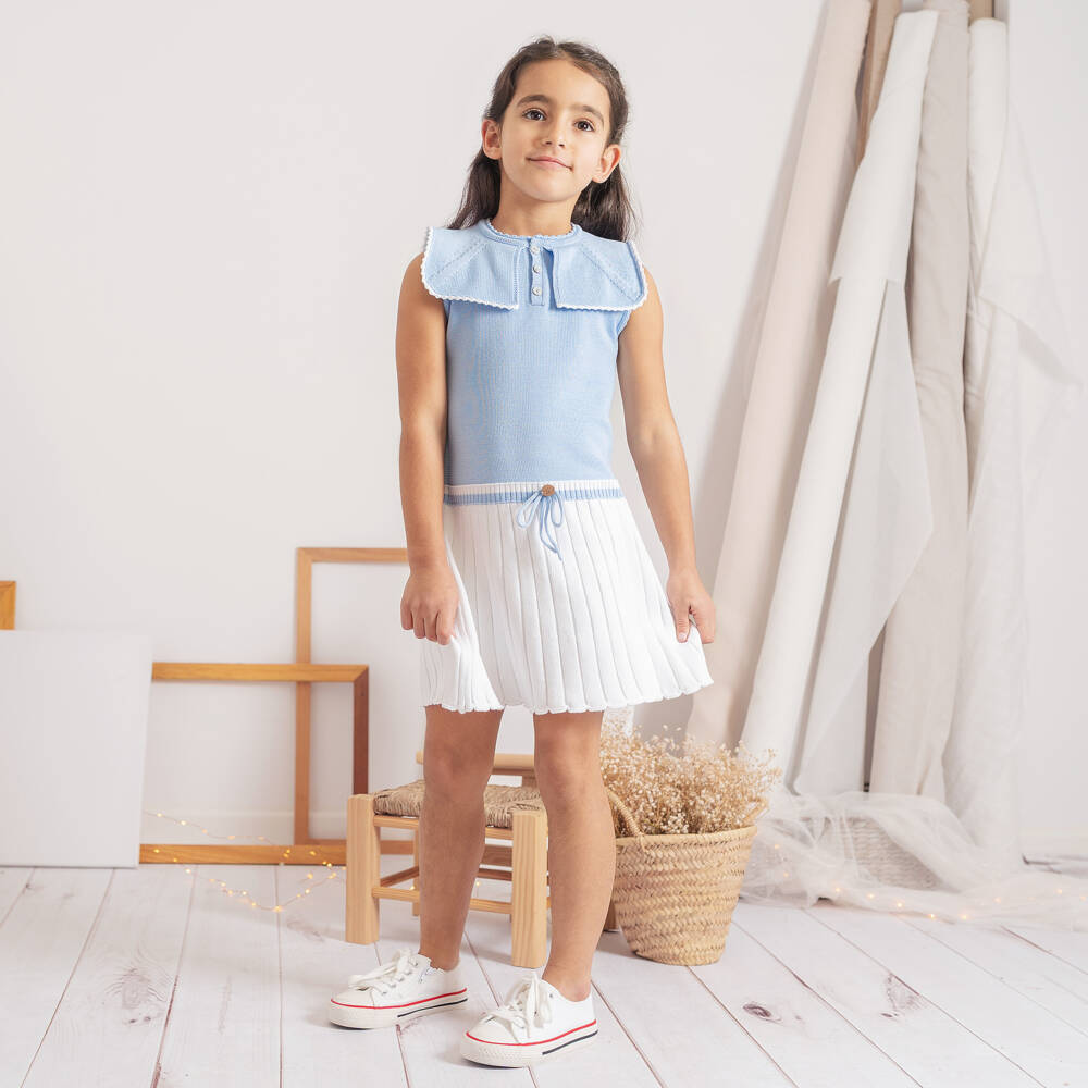 Artesanía Granlei-Girls Pale Blue & White Knit Dress with Sailor Style Collar | Childrensalon